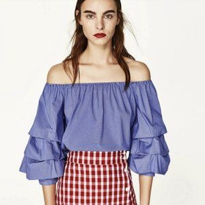 NWT ZARA Off Shoulder Cotton Blend Layered Ruffle Bubble Sleeve Blouse Top. M